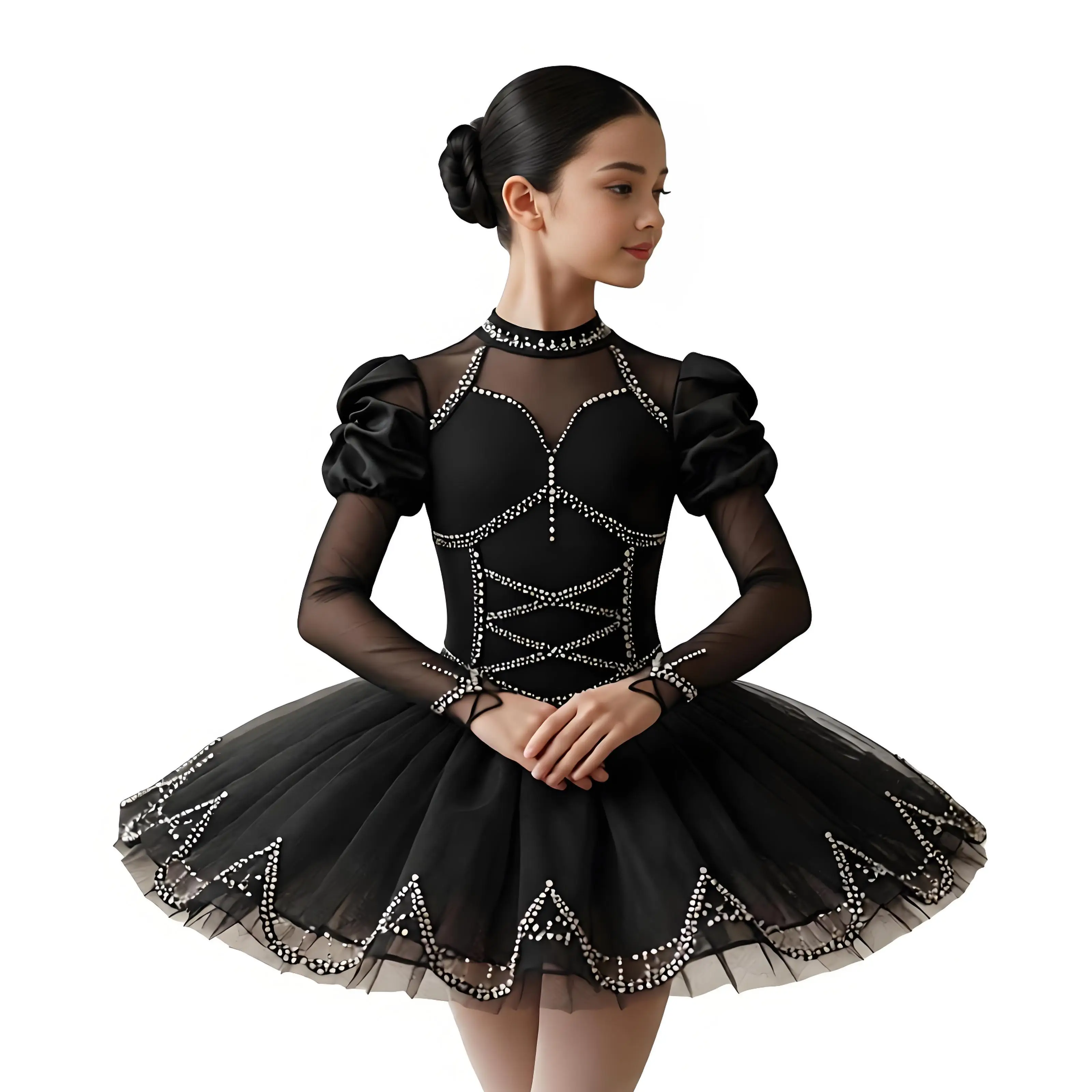 Witch Ballet Dance Tutu Dress Gymnastics Leotard Carnival Mesh Patchwork Rhinestone Ruffle Figure Skating Performance Costume