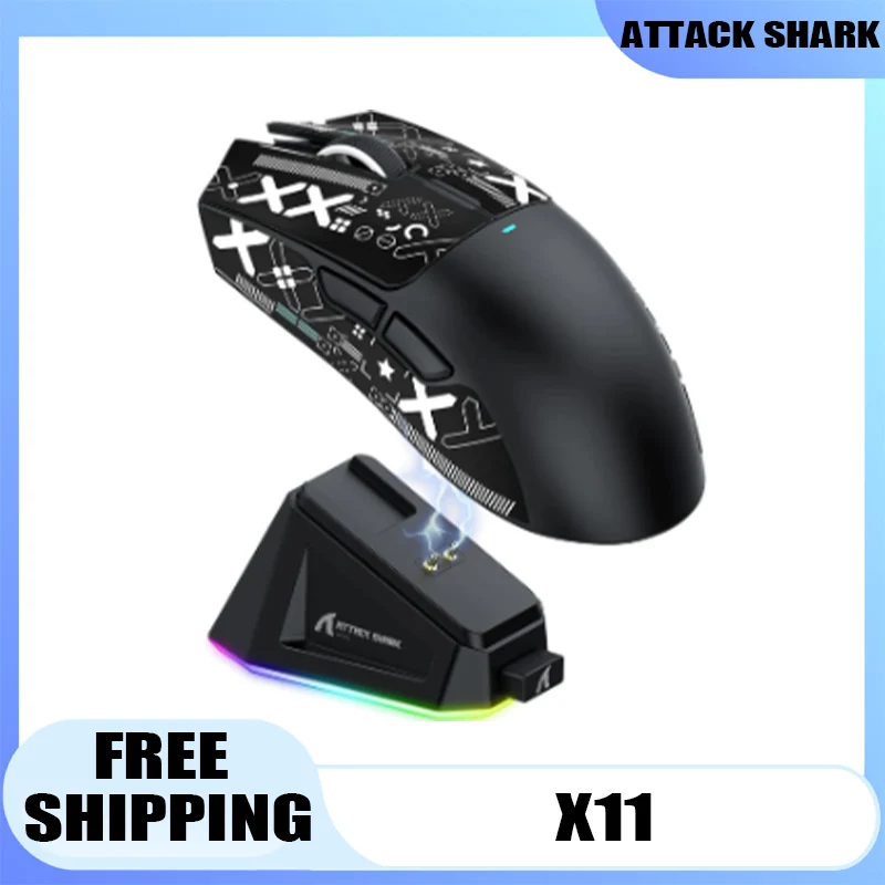 

Беспроводная игровая мышь ATTACK SHARK X11 с зарядной док-станцией PixArt PAW3311, игровой датчик, трехрежимное переключение, RGB-подсветка, кодировщик TTC
