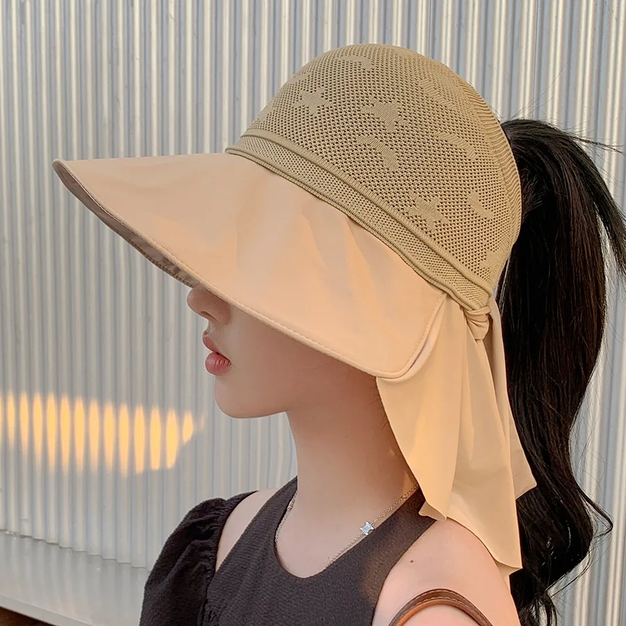 New Shawl Sun Hat Summer Sunscreen Hollow Top Hat UV Large Eaves Sun Hat Outdoor Windproof Hat Women 56-58cm