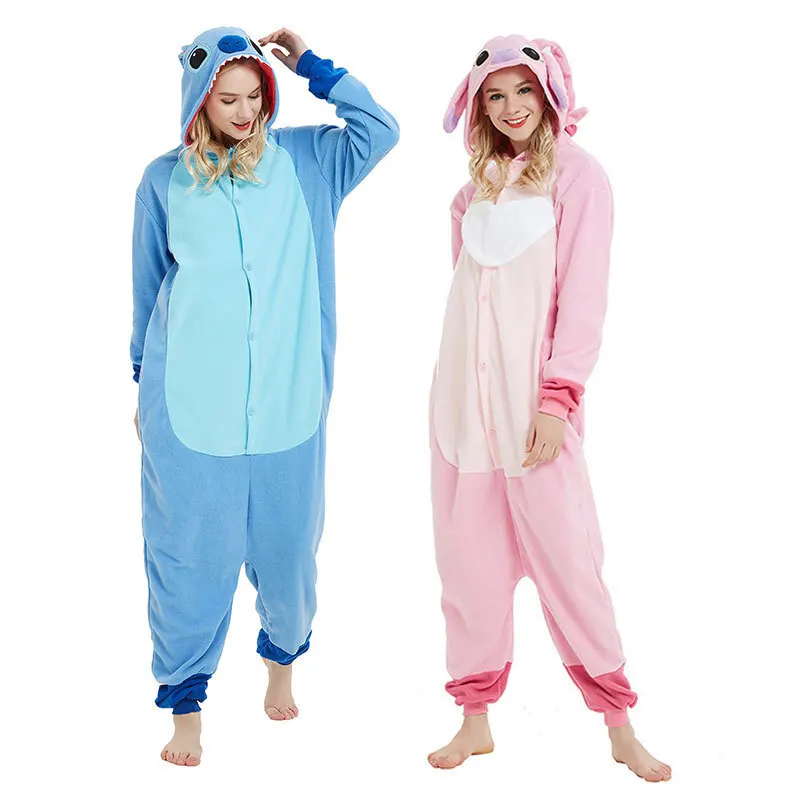 Halloween Fleece Cartoon Stitch Angel Jumpsuit Pajamas, Blue Pink Stitch Couple Home Casual Hooded Clothes, Performance Clothes