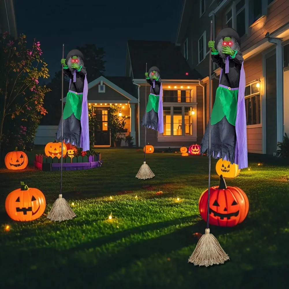 (AA91) Animated Witch Broom 9.84Ft Sound Activation Broom Halloween Animatronic Witch Spooky Home Decor for Holiday Cosplay view 4