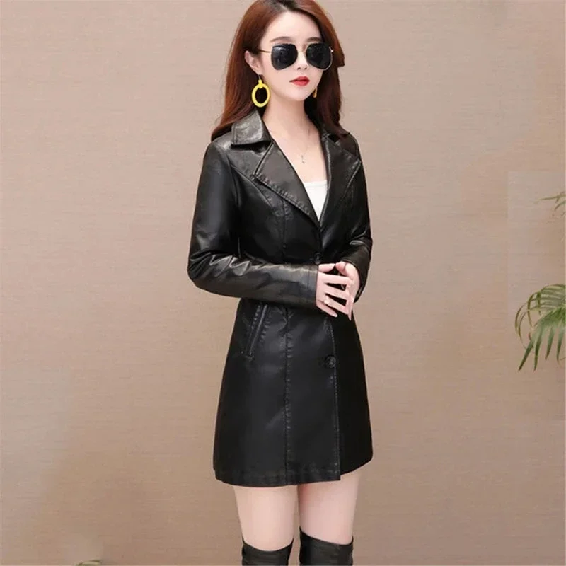 Pop Women Leather Jacket Spring Autumn New Long Women'S Leather Coat  Fashion Punk Female Motorcycle  Faux Leather  Streetwear