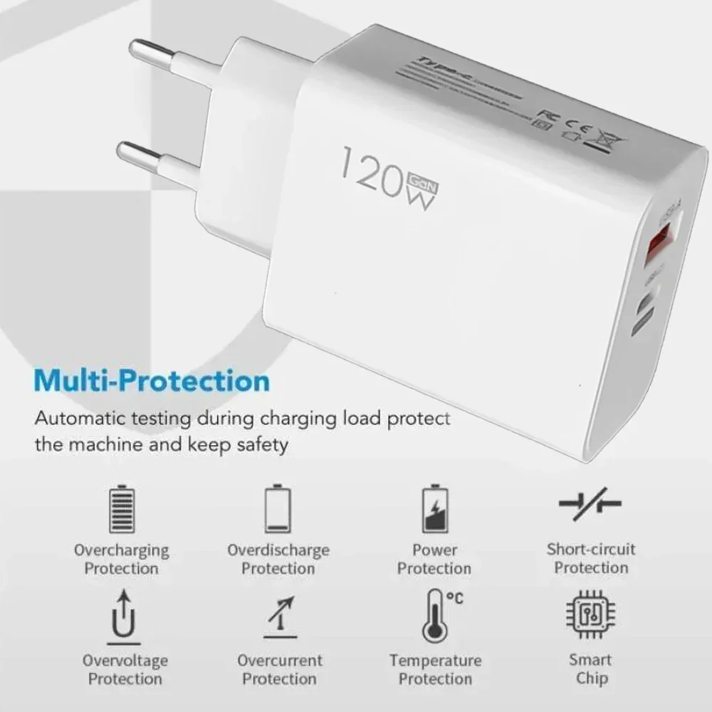 120W Fast Charging Charger QC 3.0 Wall Adapter USB A 2 Ports Phone Chargers Type C Cables for IPhone 15 14 Samsung Xiaomi Huawei