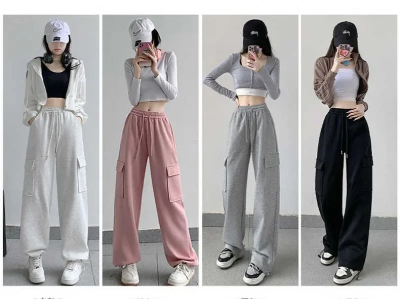 Spring Black Pants Straight Cargo Pants Women High Waist Loose Trousers Korean Vintage Wide Leg Cargo Sweatpants for Women Y2k