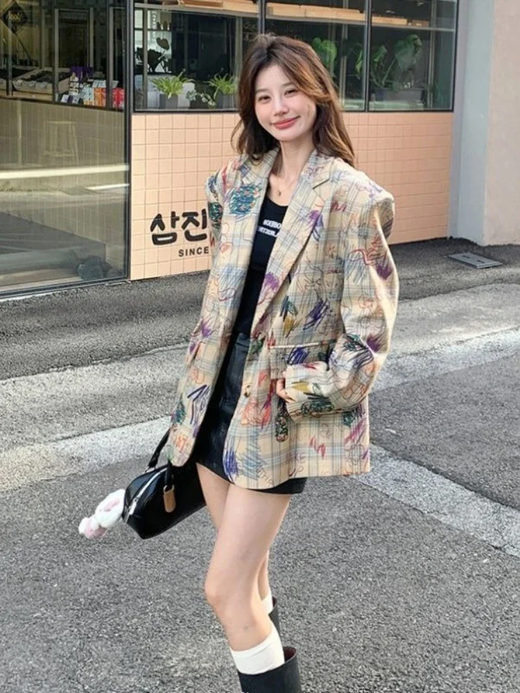 Women Graffiti Print Blazer 2026 Autumn Korean Style Casual Streetwear Petite Suit Jacket Fashion Top