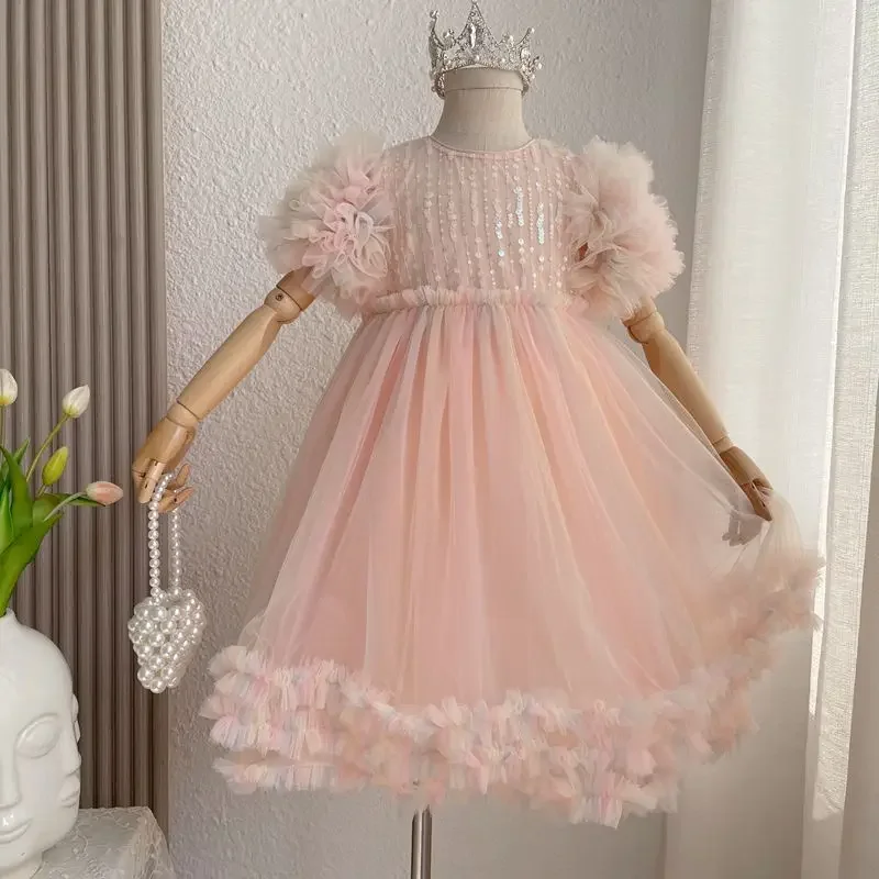 Baby Girls Pink Princess Dress 2024 New Summer Fashion Puff Sleeve Sequin Tulle Ball Gown Children Birthday Party Dresses y299