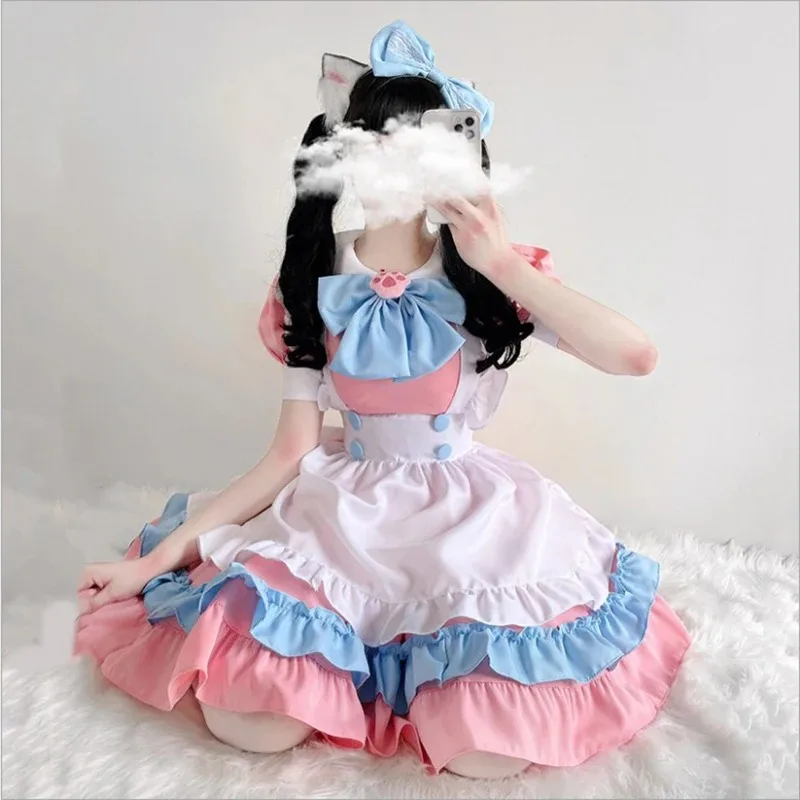 Sweet Pink Maid Dress Kawaii Bowknot Apron Uniform Japanese Cafe Maid Role Play Outfit Anime Cat Girl Cosplay Lolita Costume