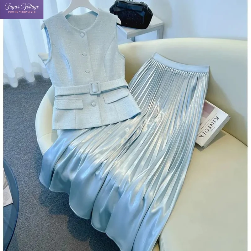 

New High End Summer Two Piece Set Women Elegant O-neck Sleeveless Vest Blazer + A-line Pleated Satin Skirt Small Fragrance Suit
