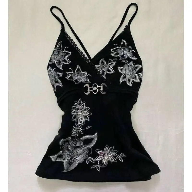 خمر الأسود طباعة المرقعة الشارع الشهير الدبابات النساء الجرونج ضمادة الجنية بروتيل الصيف Harajuku مثير Y2k الجمالية تانك القمم