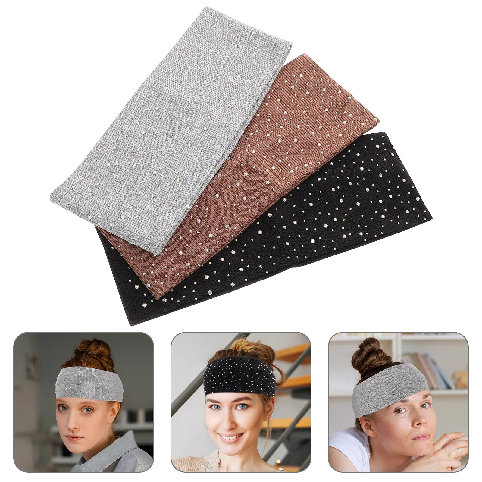 

Набор из 3 женских широких спортивных повязок на голову с стразами, эластичные, впитывающие пот, для йоги, бега и тренировок