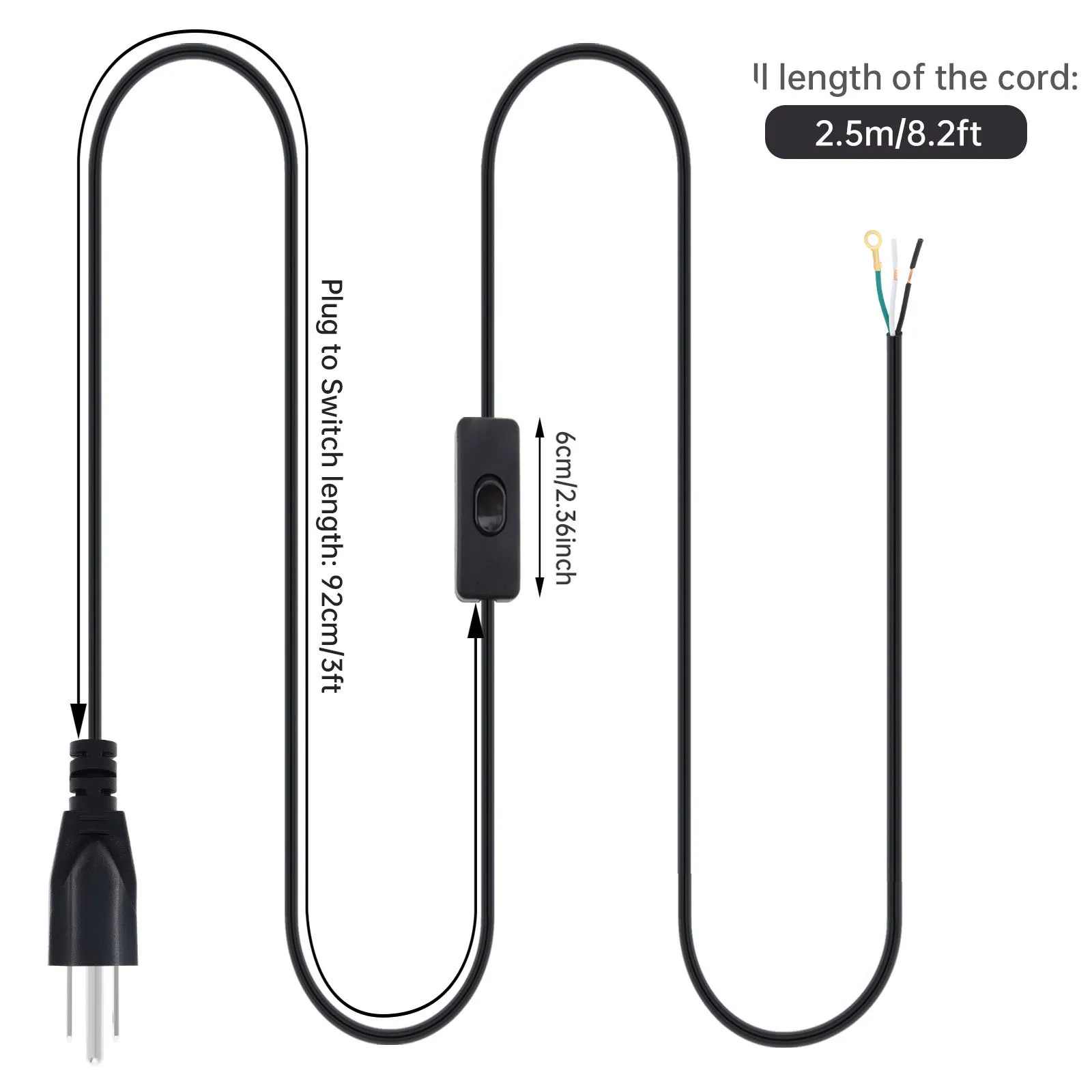 2.5M 3-Cord Desk Lamp Power Cord US Plug Wire Kit Extension Connector with On/Off Switch, Open Wiring