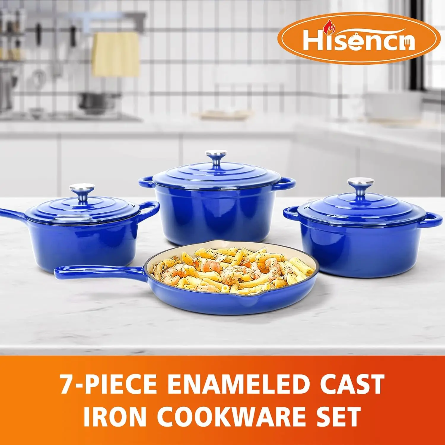 Enameled Cast Iron Cookware Set - 7 Piece  of Dutch Ovens, Sauce Pan, Skillet, 3 Lids,  Oven