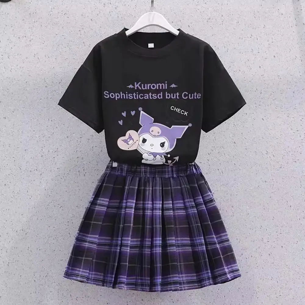 Sanrio Kuromi Kawaii Girls College Style T-Shirt Skirt Suit Summer Clothes New Girl Suit Children's White T-Shirt Pleated Skirt