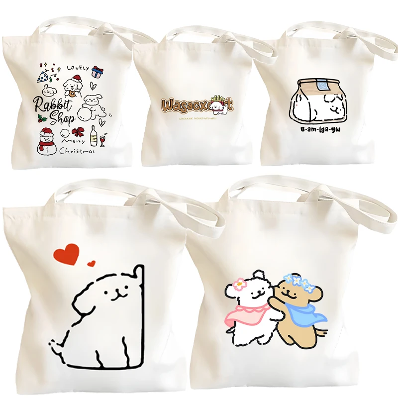 

Cartoon Maltese Anime Printed Kawaii Canvas Handbag Shopping Bag Couples Shoulder Bags Foldable Traveling Storage Pouch Gifts