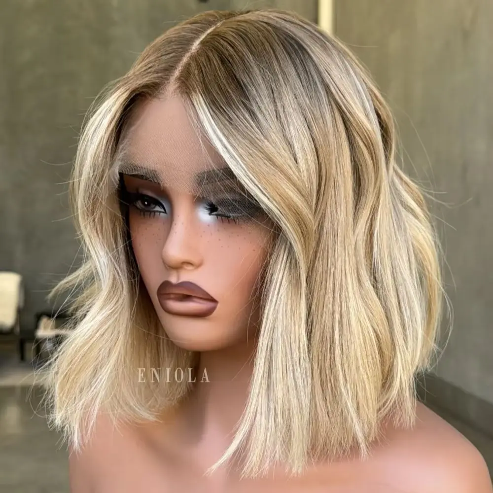 Short Bob Cut Wig Balayage Blonde With Ash Roots Synthetic Lace Front Wigs 12inches Natural Wave 13x4 Transparen Lace Front Wigs