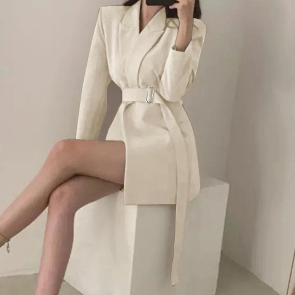 

Women Long Sleeve Lapel Belt Tight Waist Vintage Arrival Elegant Blazer Jacket Office Lady Female Overcoat Spring Autumn Coat