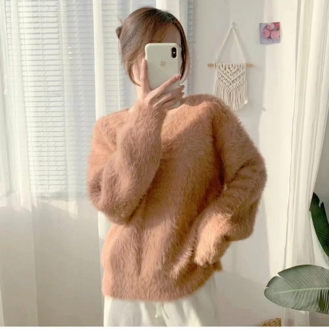 Chic Fluffy Sweater Women\'s Autumn Winter Thickened Pullover Winter Loose Mohair V-neck Tops  Y2k  Jumper