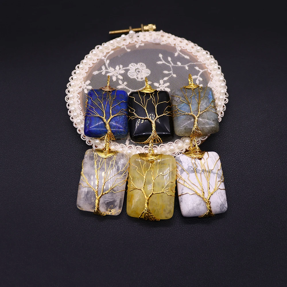 Hand-wound Copper Wire Life Tree Square Natural Stone Jade Agate Vintage Pendant 30x42mm DIY Necklace Earrings Keychain Ornament