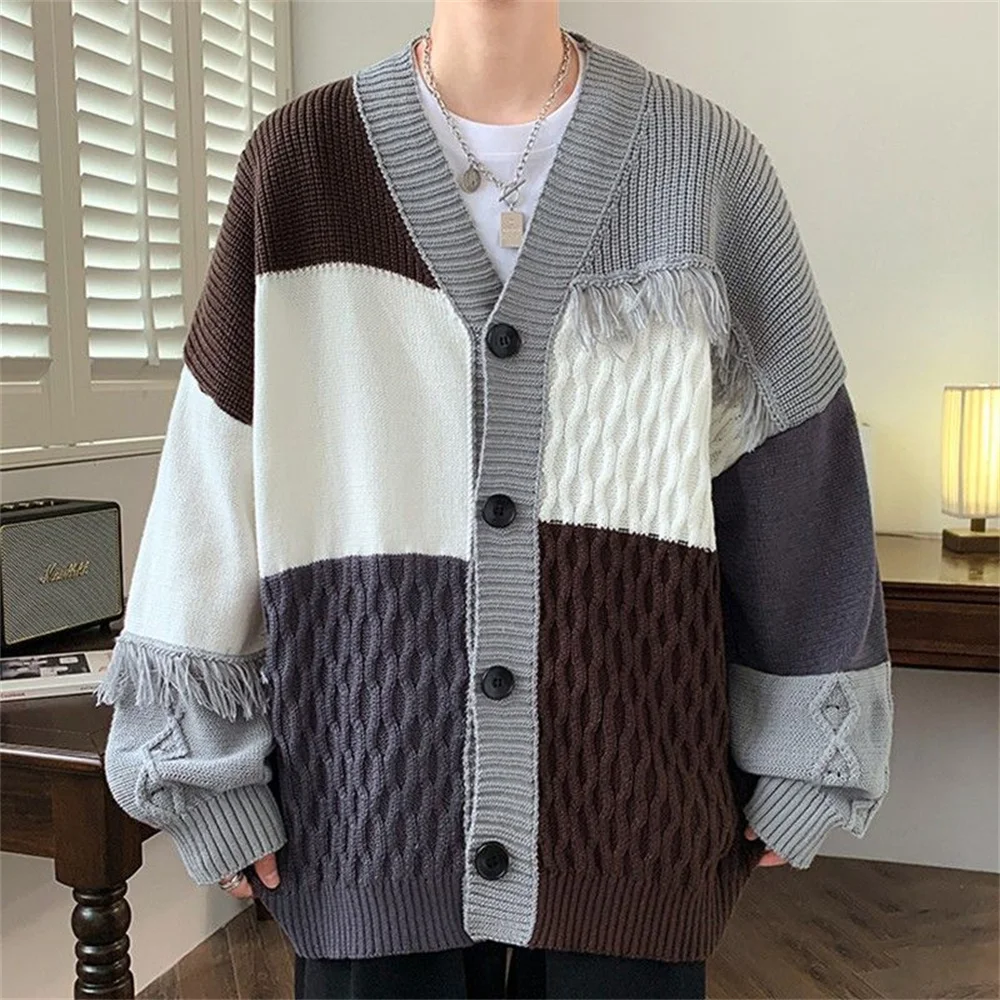 Splicing personalized knitted cardigan jacket, men's spring and autumn trendy loose sweater, men's lazy style woven sweater