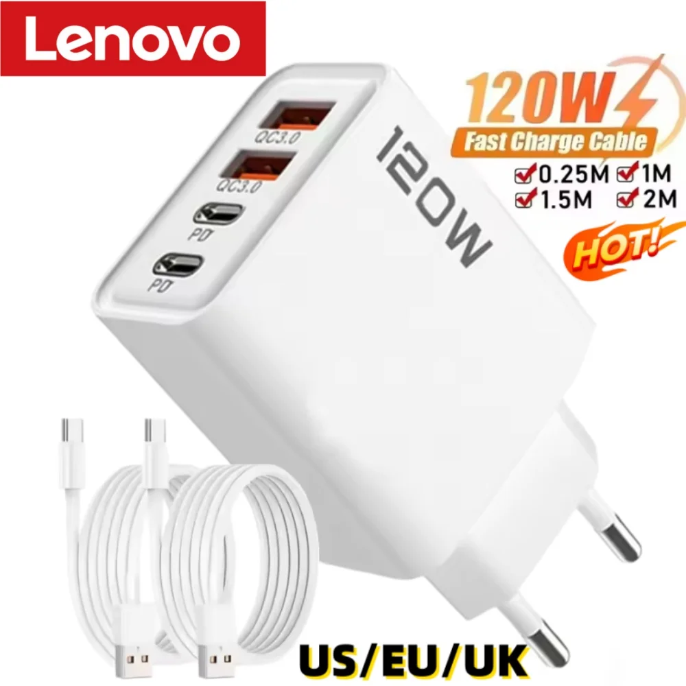 Lenovo 120W Schnellladegerät PD 4-Port USB-C-Ladegerät Typ-C USB-Handyladegerät Schnellladeadapter für Samsung iPhone Xiaomi