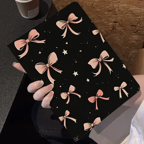 Ins Retro Pink Bow Star Black Tablet Case For iPad Pro 11 12.9 13 A16 M2 M4 M3 M5 Shell 5/6/7/8/9/10/11th Mini Air 3 4 5 6 Cover