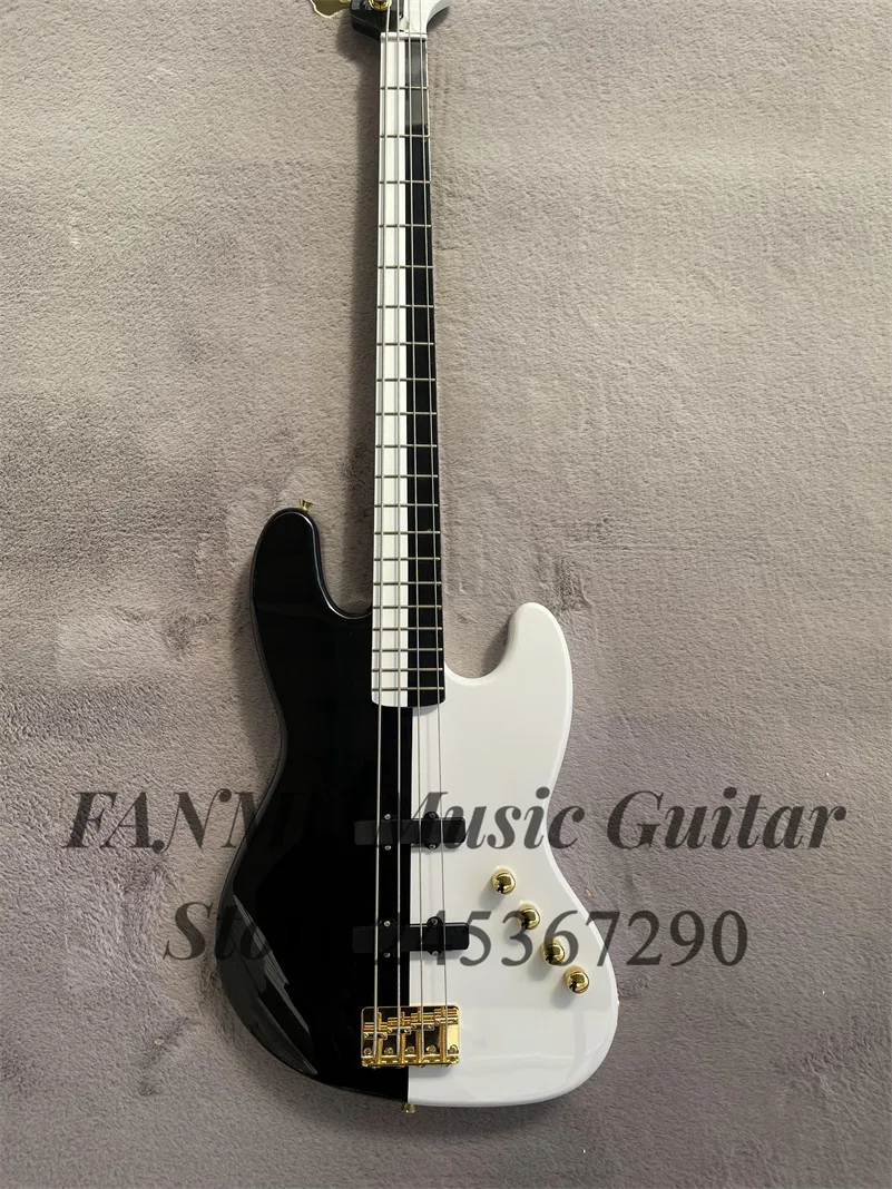 Black bass 4 strings white electric bass guitar Basswood body Maple neck Gold Bridge factory custom