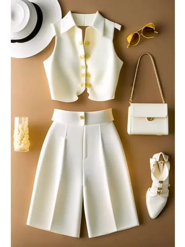 Summer Commuter Light Mature Luxury High End Ladies Women Suit White Sleeveless Vest Top Shorts Two Piece Sets Women Outfits