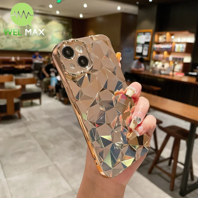 3D Diamond patterned Golden phone case For iPhone 15 14 13 12 11 ProMax Plating Soft Silicone Shockproof lens Protective Cover