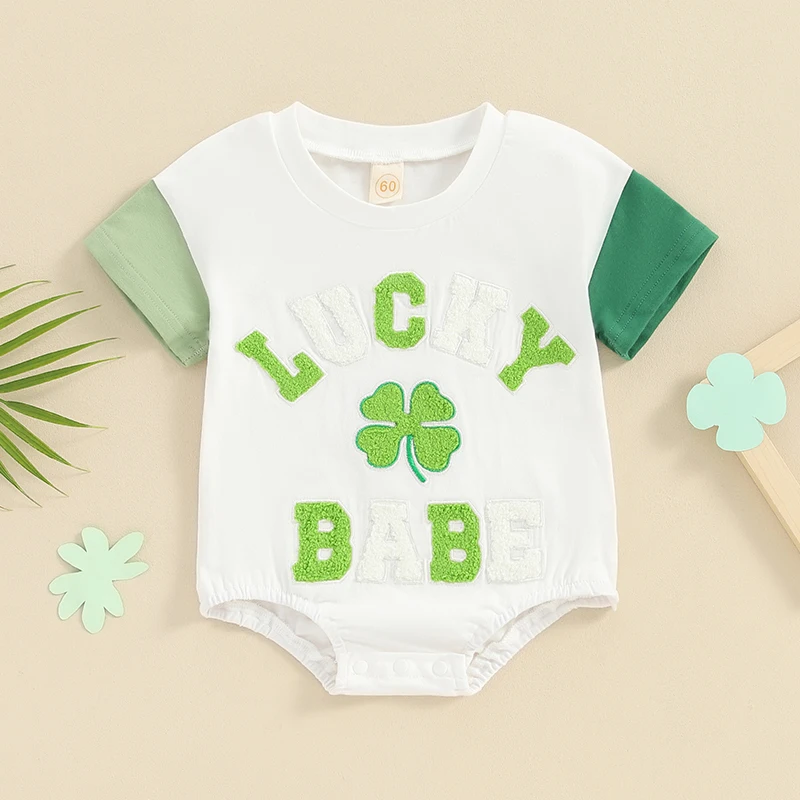 Cute Newborn  with Round Neck and Short Sleeves Featuring Embroidered Letter and Clover Design - Adorable Unisex Baby