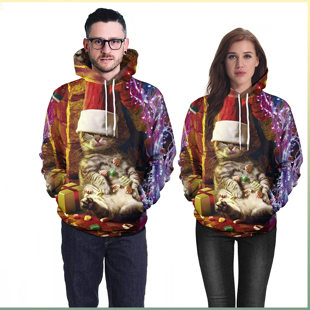 Camisola de manga comprida para casal, gato dos desenhos animados, impressão 3D, feriado, venda quente, Natal