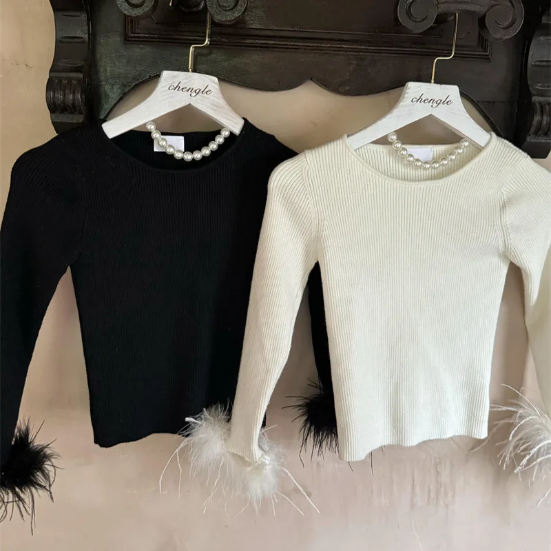 

Childrens Undershirt Autumn and Winter New Korean Fashion Girls Retro Ostrich Fur Sleeve Sweater Undershirt Kids Clothes