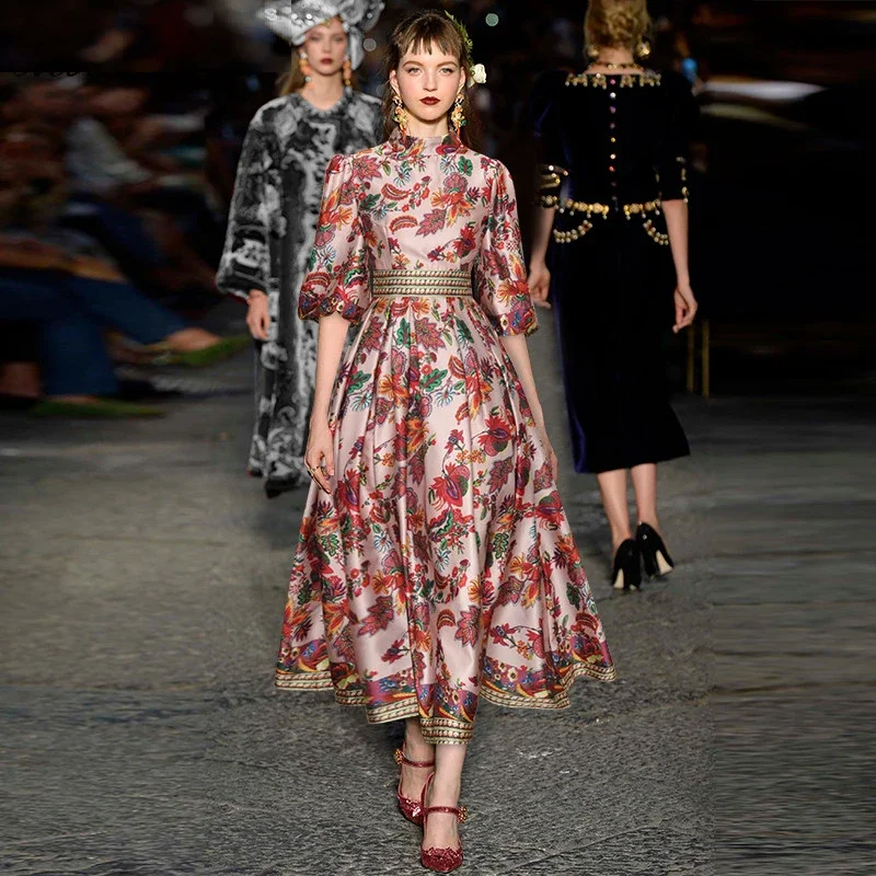 

2023 Fashion Designer Autumn Women's Stand Collar Puff Sleeve Floral Print Vintage Long Vacation Party Dress
