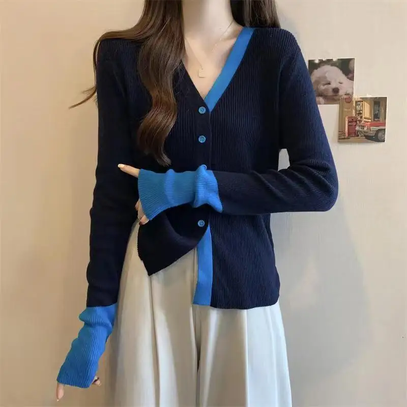 Autumn Knit Cardigan Girl Patchwork Long Sleeve Sweater Shirts Woman Contrast Color Knitted Tops Elegant Sweet Slim Chic Top New