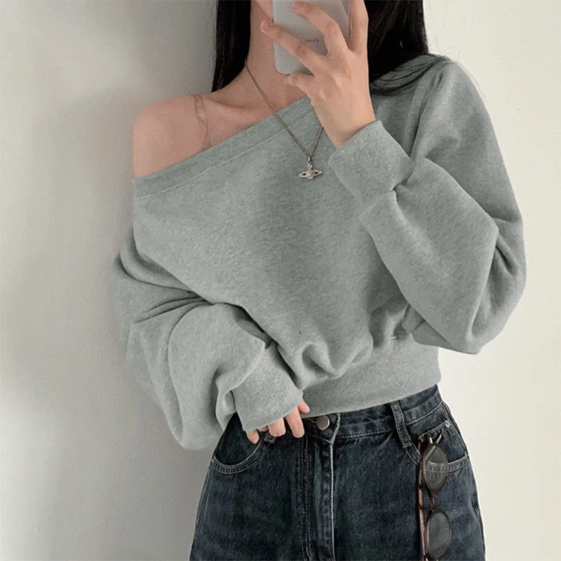 1PCS Women's Sweatshirts Loose Streetwear Off-shoulder Hoodie Casual Cropped Sweatshirt Simple Cropped Sweatshirt Female Clothes