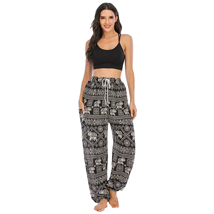 Thai Style Elephant Print Silk Thin Yoga Pants Lantern Pants High Waist Casual Belted Pants Ladies Comfortable Summer Trousers