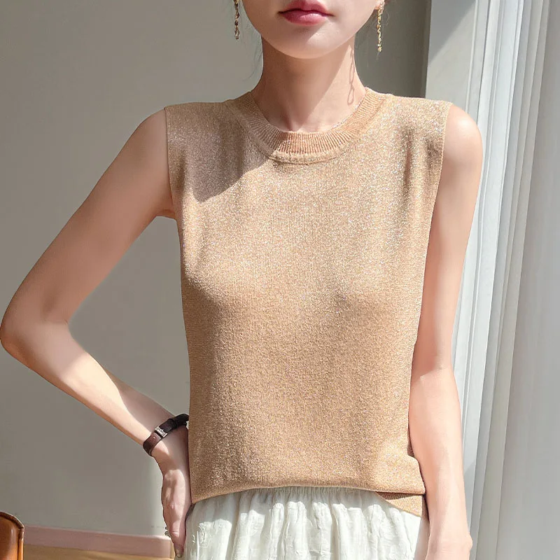 Summer Classic Round Neck Sleeveless Pullover Women's knitting Ice Silk Fabric Vest Cool and breathable High Quality Soft Tops