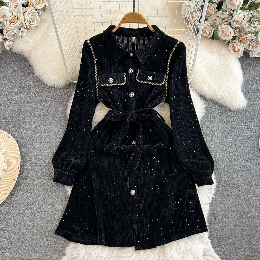 

French Style Black Sequins Corduroy Shirts Dress Fashion Turn-down Collar Full Sleeve Single Breasted A-line Vestidos Women