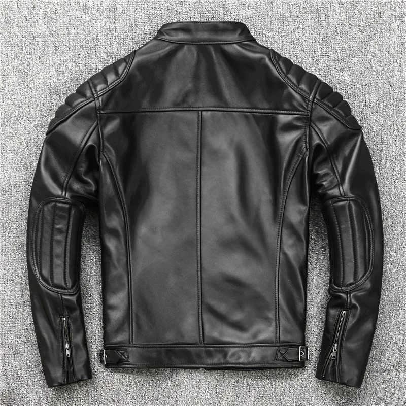 Men's short blue-collar form-fitting leather and casual coat made of top-grain cowhide