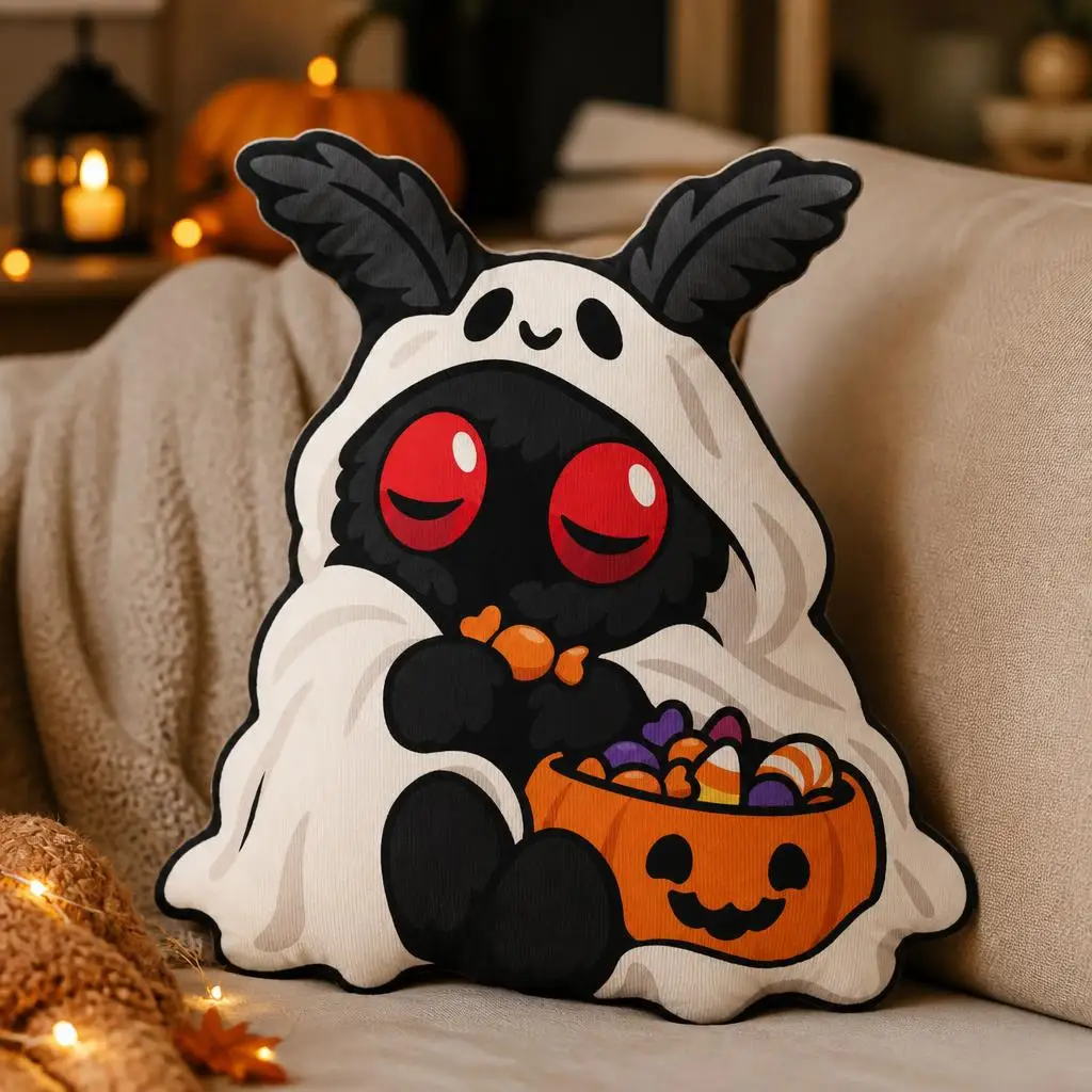 Halloween Mothman Ghost Shaped Pillow Cute Cryptid Cushion Pumpkin Candy Throw Pillow Sofa Home Decor Gift for Living Room