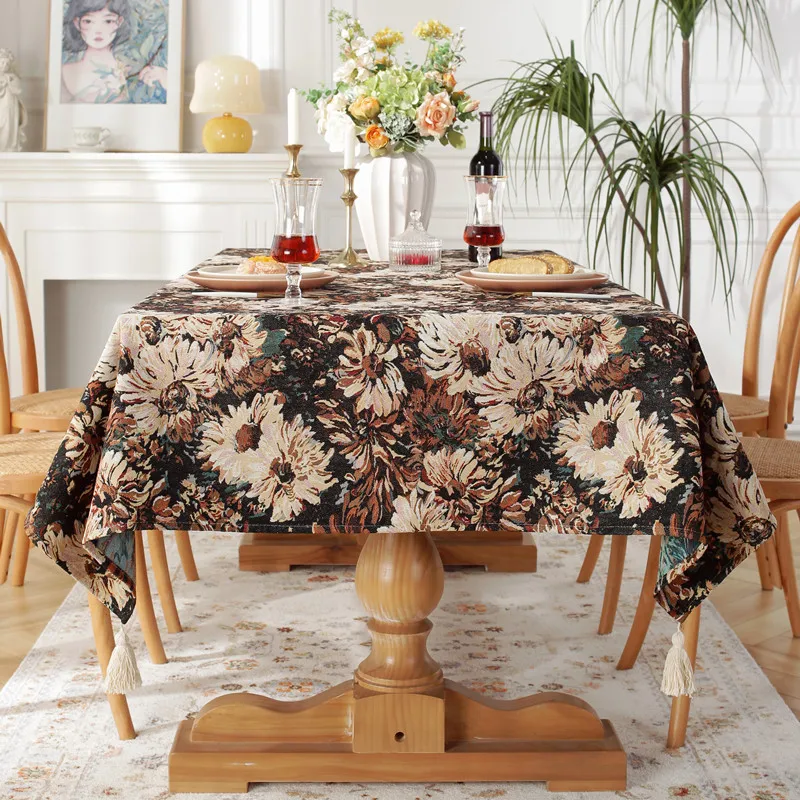 Vintage Polyester Cotton Color Woven Jacquard Oil Painting Black Daisy Tassel Tablecloth