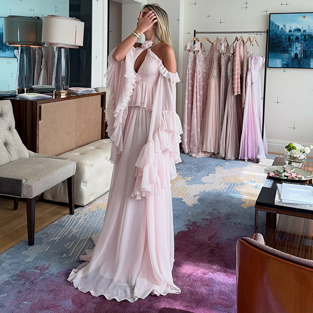 

Elegant Off the Shoulder Evening Dress Temperament Flowers Tiered Chiffon Customized Celebrity Gowns Fashion Halter Prom Dresses