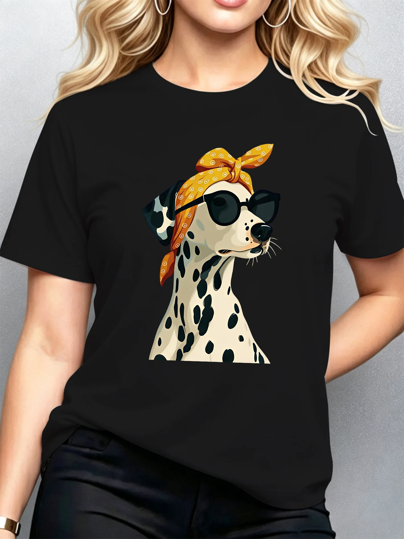 Cool Dalmatian Sunglasses Bandana Womens Crew Neck Short Sleeve T Shirt Fashion Pet Graphic Tees For Ladies Casual Daily Wear