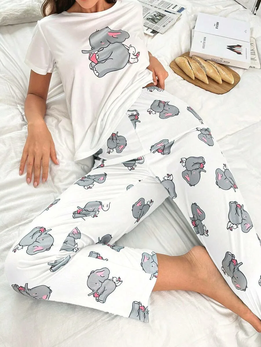 Women\'s new style small elephant rabbit pattern short sleeve cartoon trousers casual pajamas set