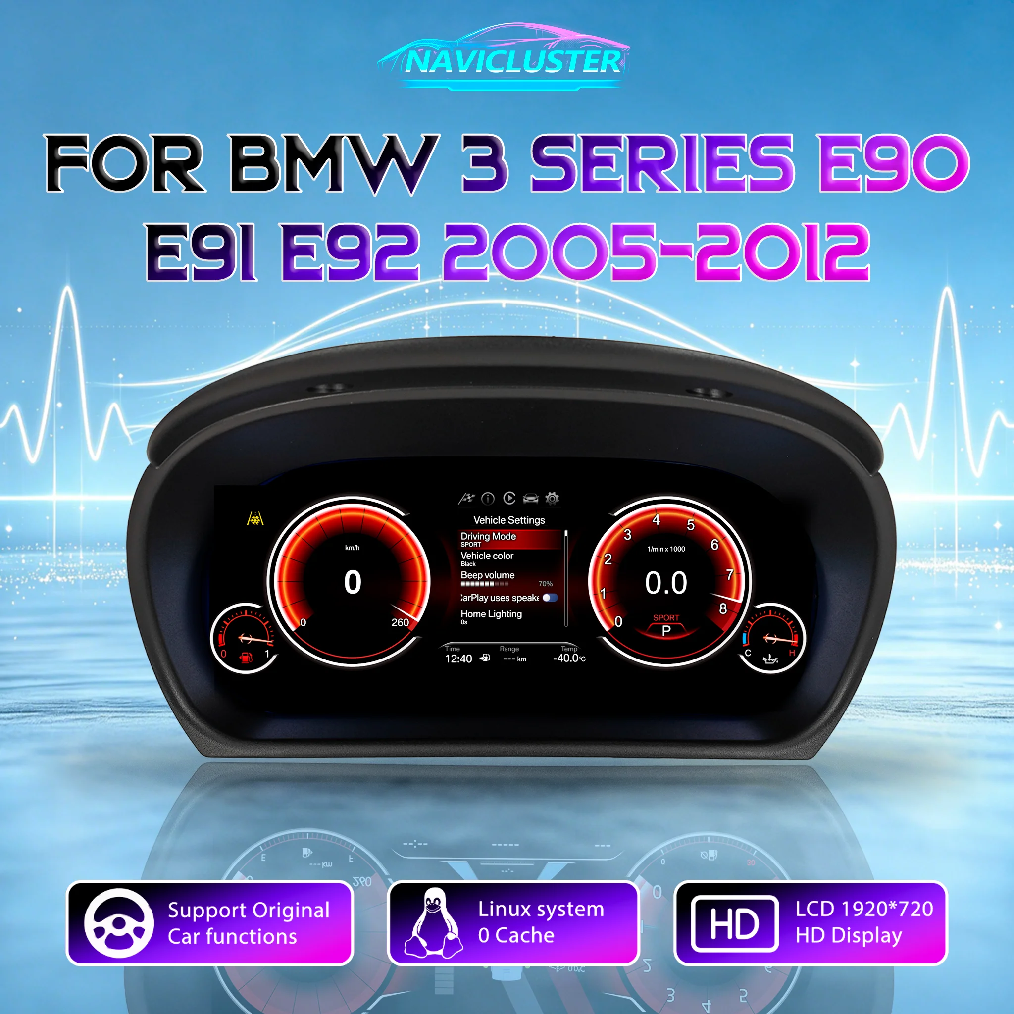 Auto 1920*720 HD-Bildschirm Digitales LCD-Armaturenbrett für BMW 3er Serie E90 E91 E92 E93 2005 06 07 08 09 Instrumententafel Virtuelles Cockpit Tachometer