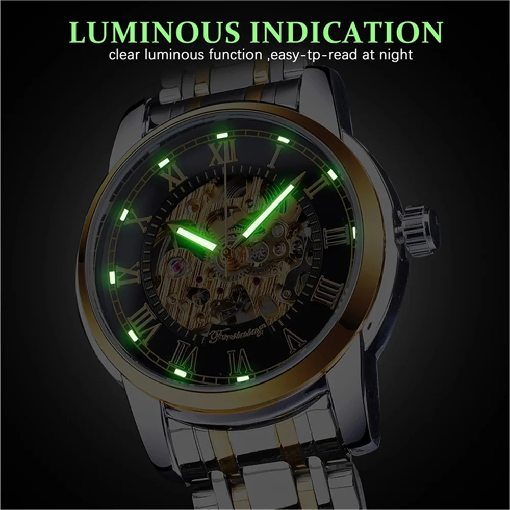 FORSINING 349 Men Mechanical Watch Business Round Skeleton Silvery Black Stainless Steel Manual Wrist Watches for Male