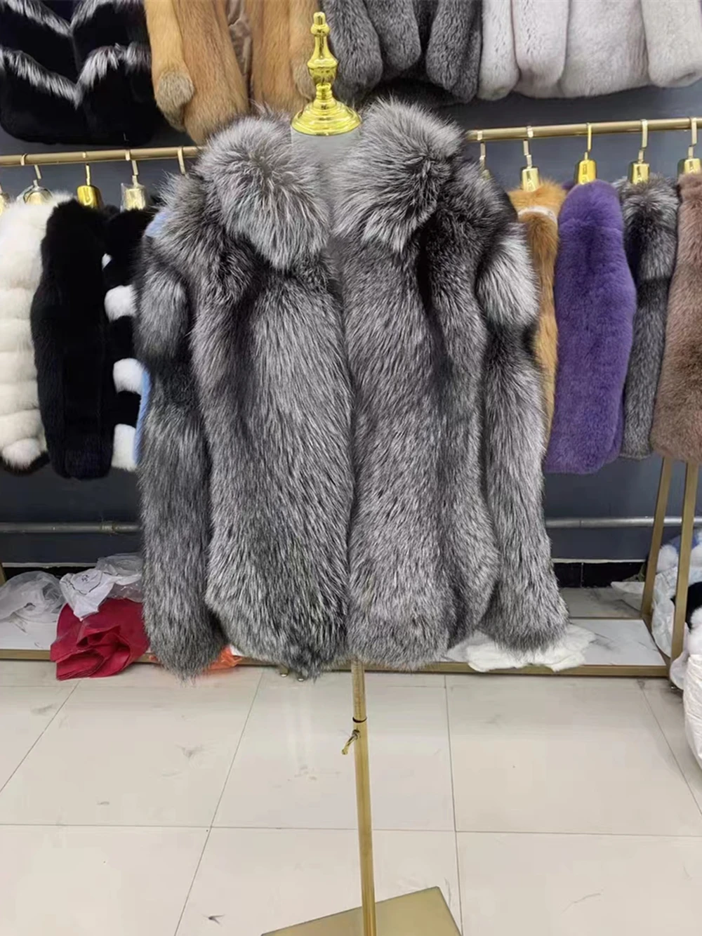 Hooded Fox Fur Coat for Women, Plus Size, Long Sleeves, Female Natural Thick Silver Fox Fur Jacket with Hood, Winter