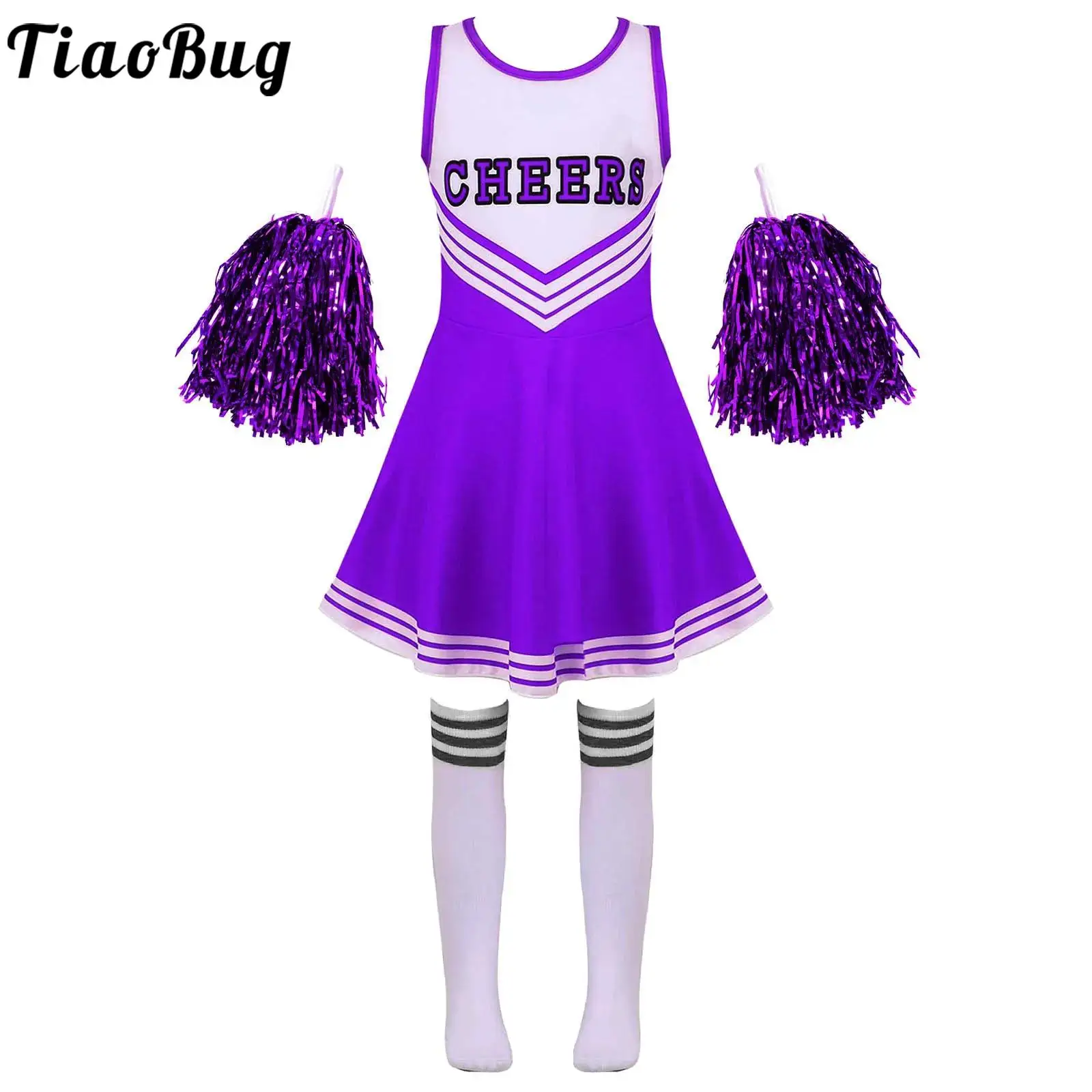 

Cheerleader Outfit Kid Girls Schoolgirls Dance Cheerleading Dress with Pompoms Halloween Fancy Dress Role Play Costumes Carnival