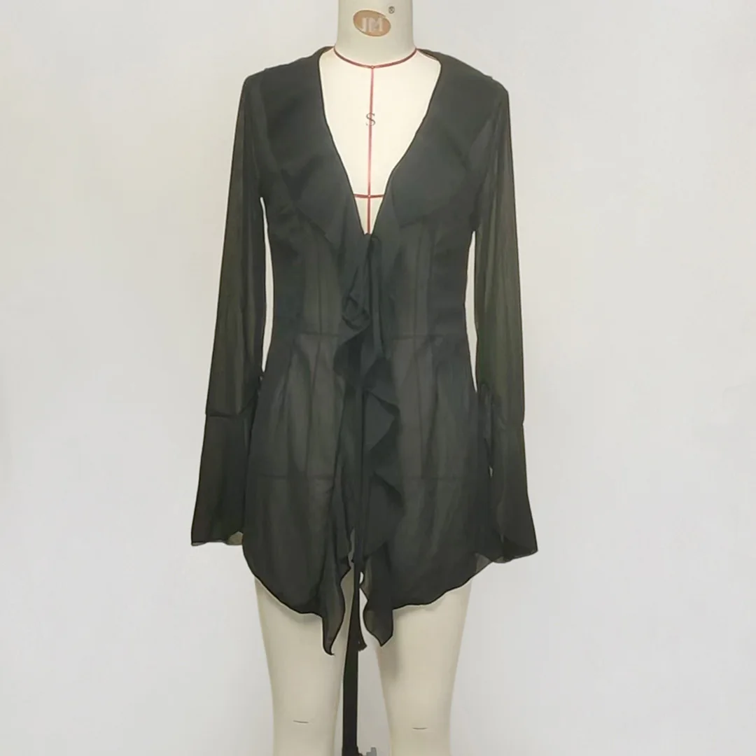 2026 Langarm V-Ausschnitt Rüschen-Strickkleid mit Durchsicht, Strandtunika, Damen-Strandkleidung, Strandbekleidung, Strand-Cover-up, Damen-Cover-ups V6992 – Detail 12