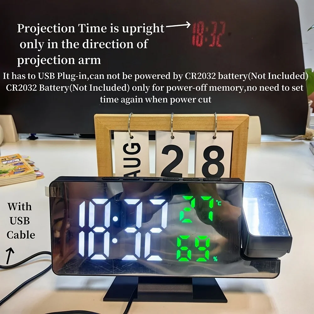 180° Arm Projection Digital Alarm Clock Temperature Humidity Night Mode Snooze 12/24H USB Powered Projector Table LED Clock