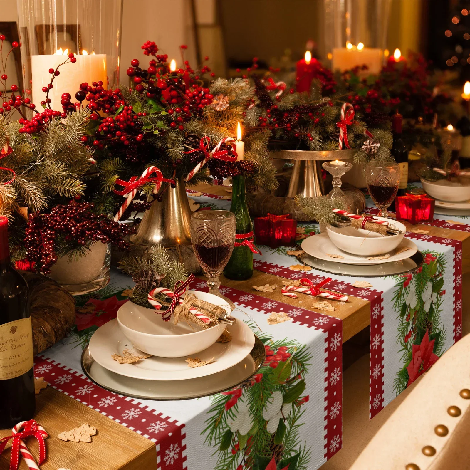 Christmas Poinsettia Pine Linen Table Runners Dresser Scarves Table Decor Winter Xmas Dining Table Runners Holiday Party Decor